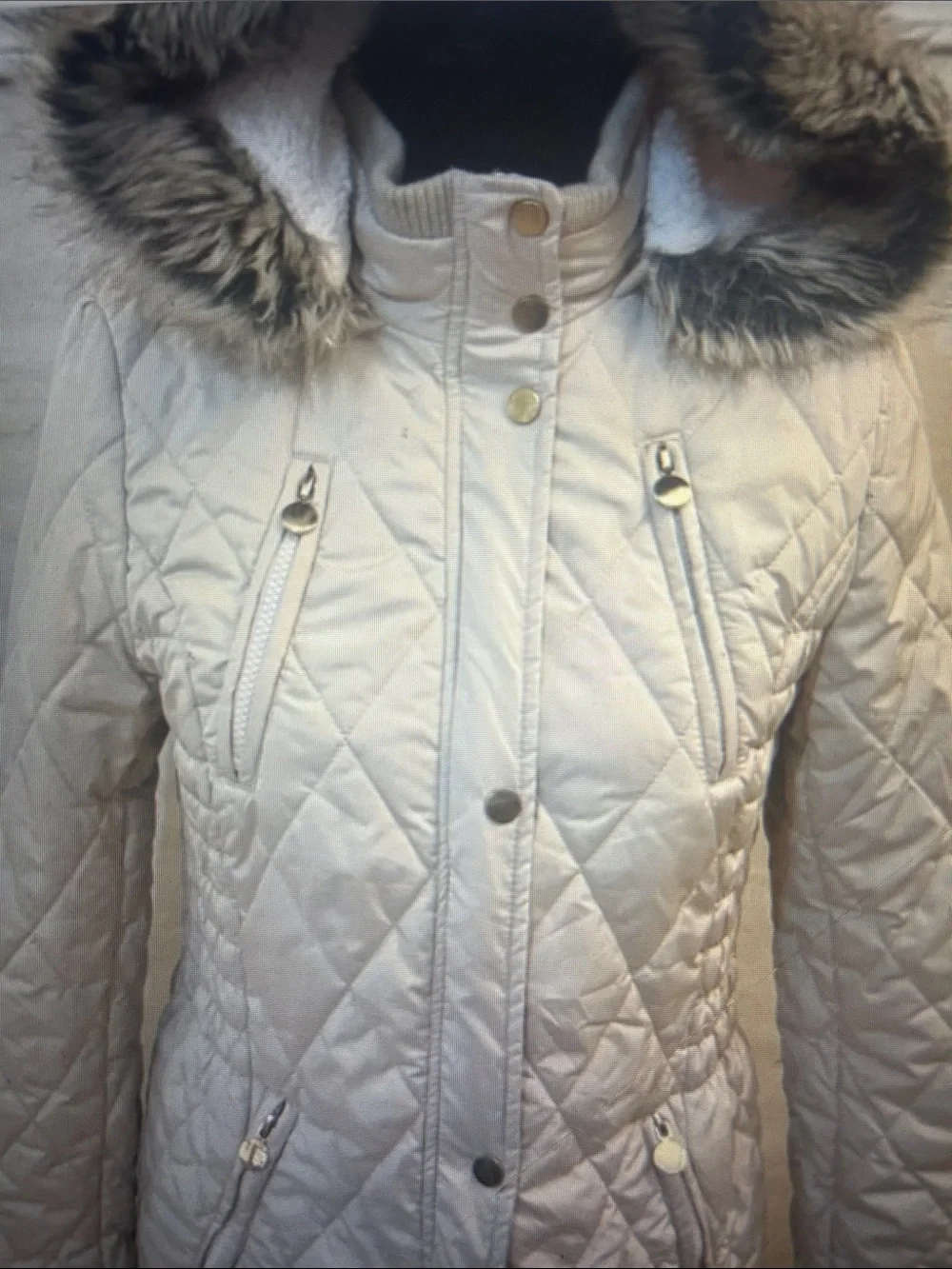 Girls Cream Quilted Hooded Puffer with Faux Fur Trim, Size 14-16